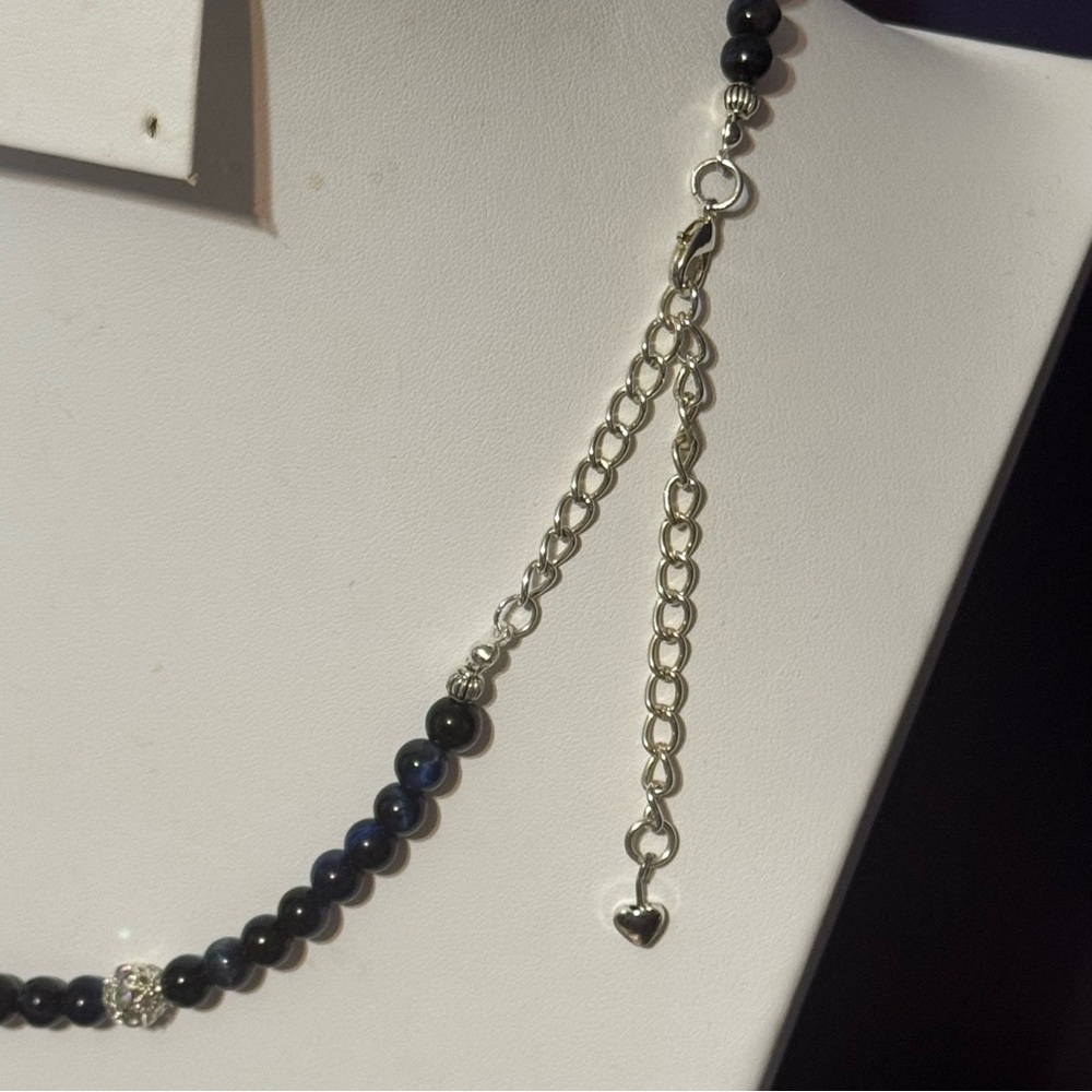 Artisan Blue Tiger’s Eye Gemstone and Silver Tone Beaded Necklace - Picture 4 of 5